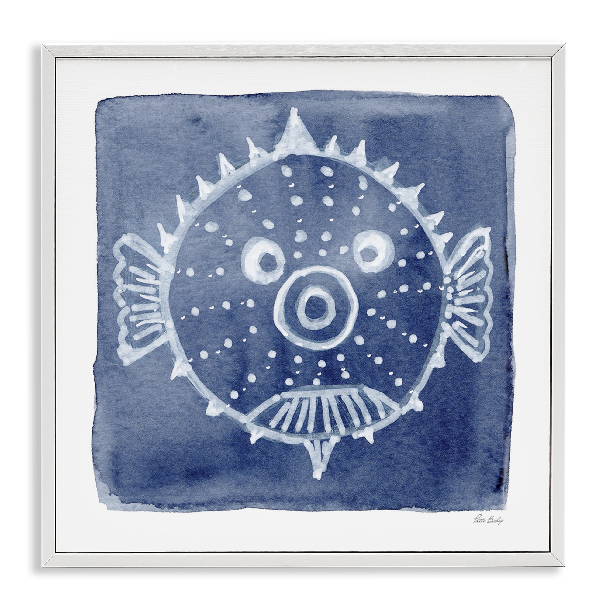 Stupell Industries White Blow Fish on Indigo White Framed Giclee Art, design by Patti Bishop