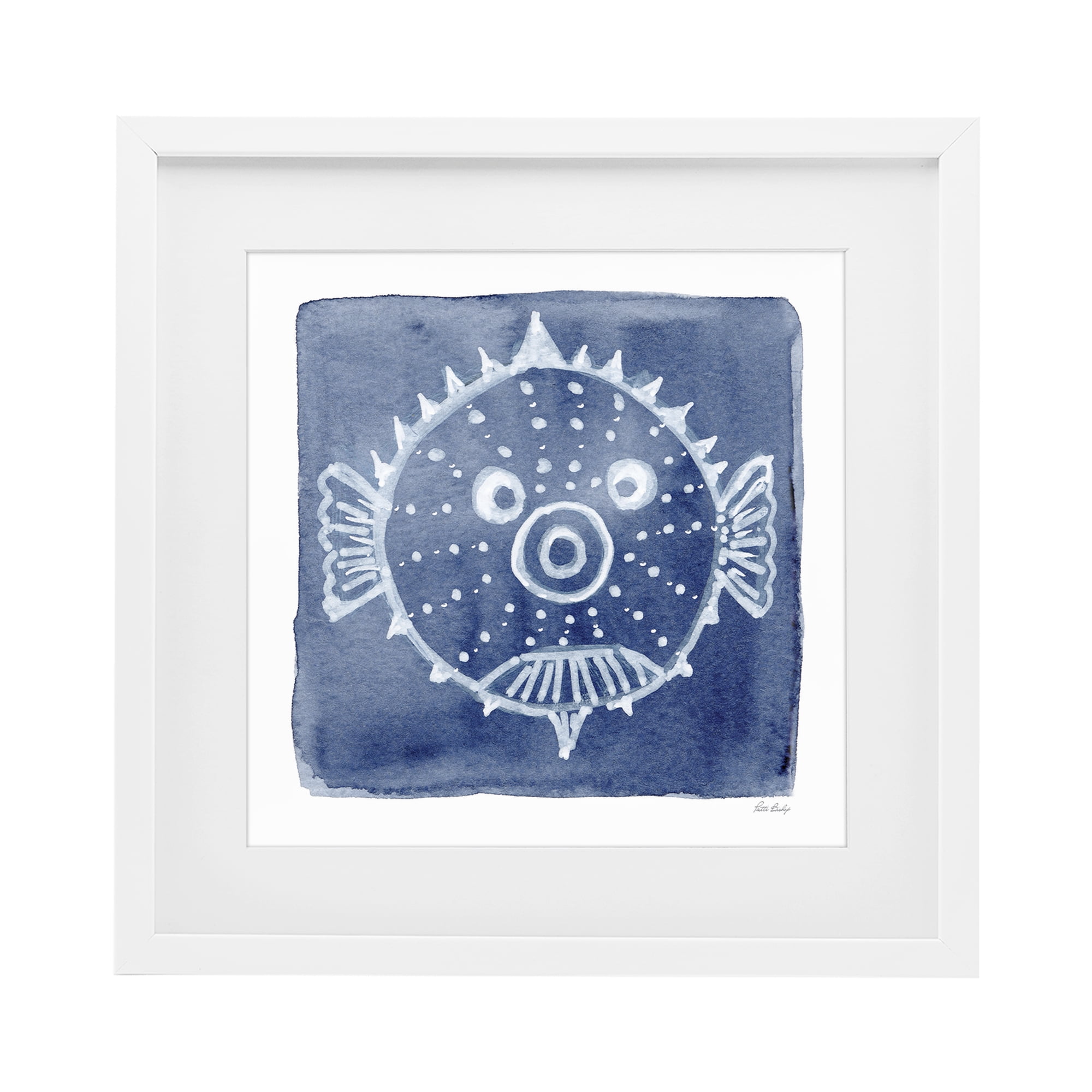 Stupell Industries White Blow Fish on Indigo White Framed Print Under Glass, design by Patti Bishop