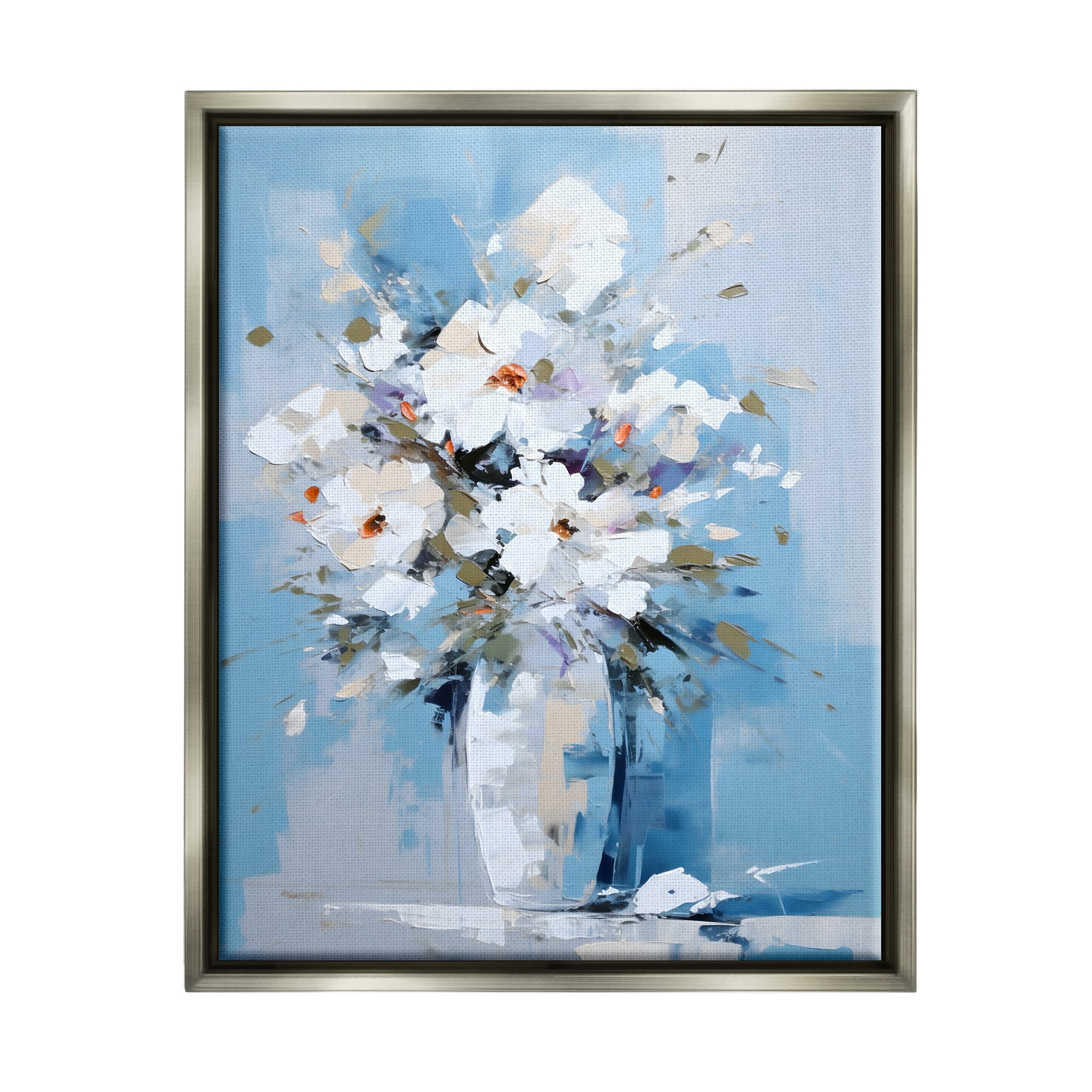 Stupell Industries White & Blue Bouquet Botanical & Floral Painting Gray Floater Framed Canvas Art Print Wall Art, 17 x 21