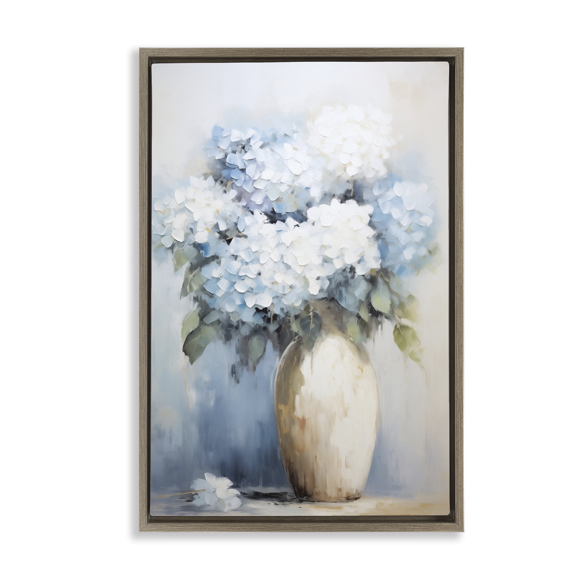 Stupell Industries White & Blue Hydrangeas Botanical & Floral Painting Brown Floater Framed Art Print Wall Art, 21 x 31