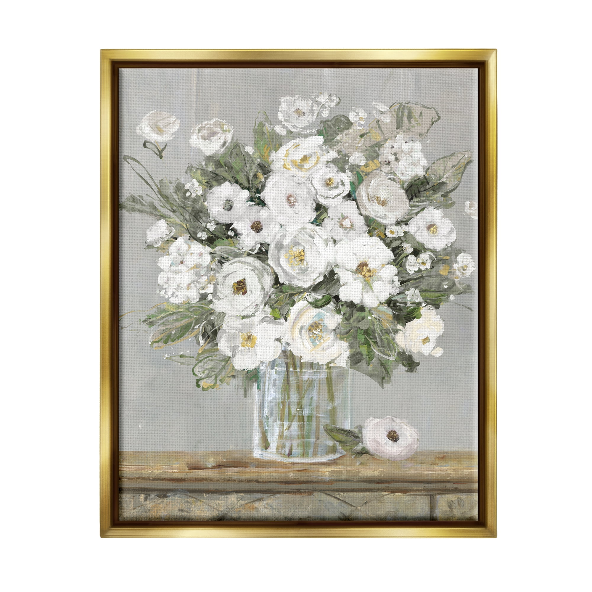 Stupell Industries White Bouquet Painting Botanical & Floral Painting Gold Floater Framed Canvas Art Print Wall Art, 25 x 31