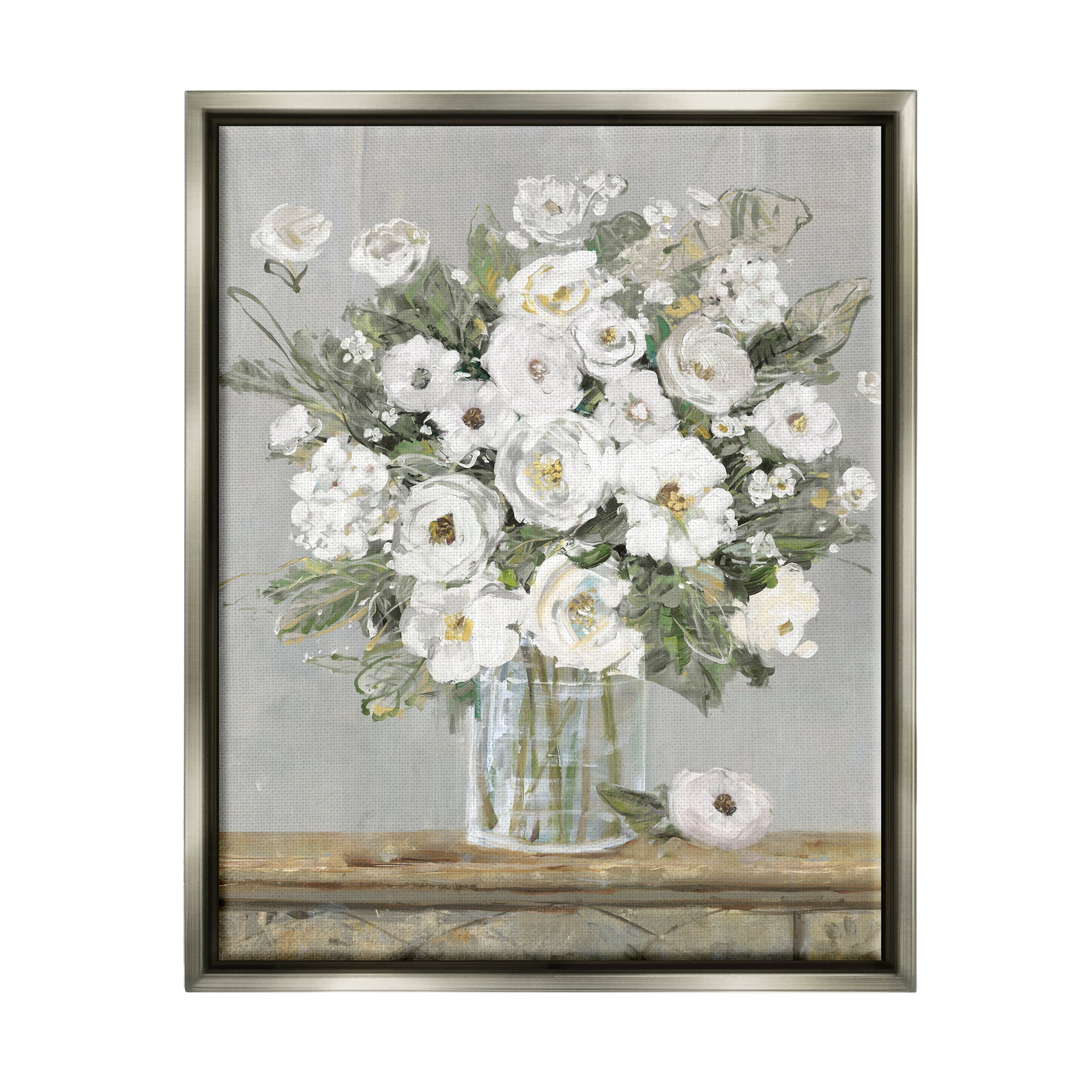Stupell Industries White Bouquet Painting Botanical & Floral Painting Gray Floater Framed Canvas Art Print Wall Art, 25 x 31