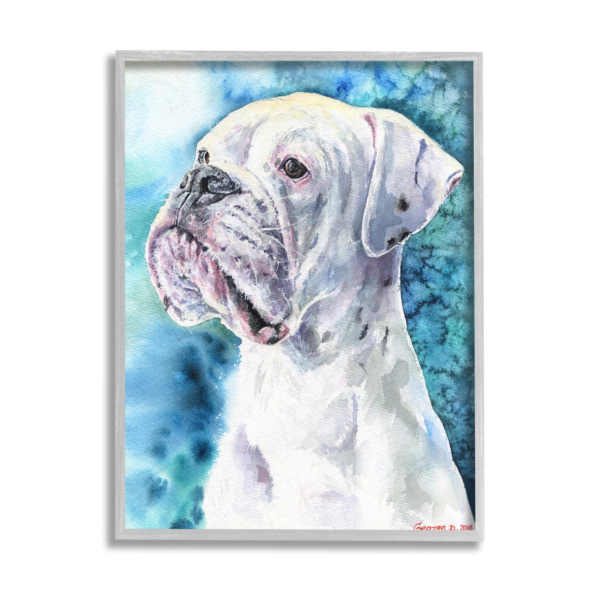 Stupell Industries White Boxer Gaze Pet Dog over Blue Grey Framed, 16 x 20, Design by George Dyachenko