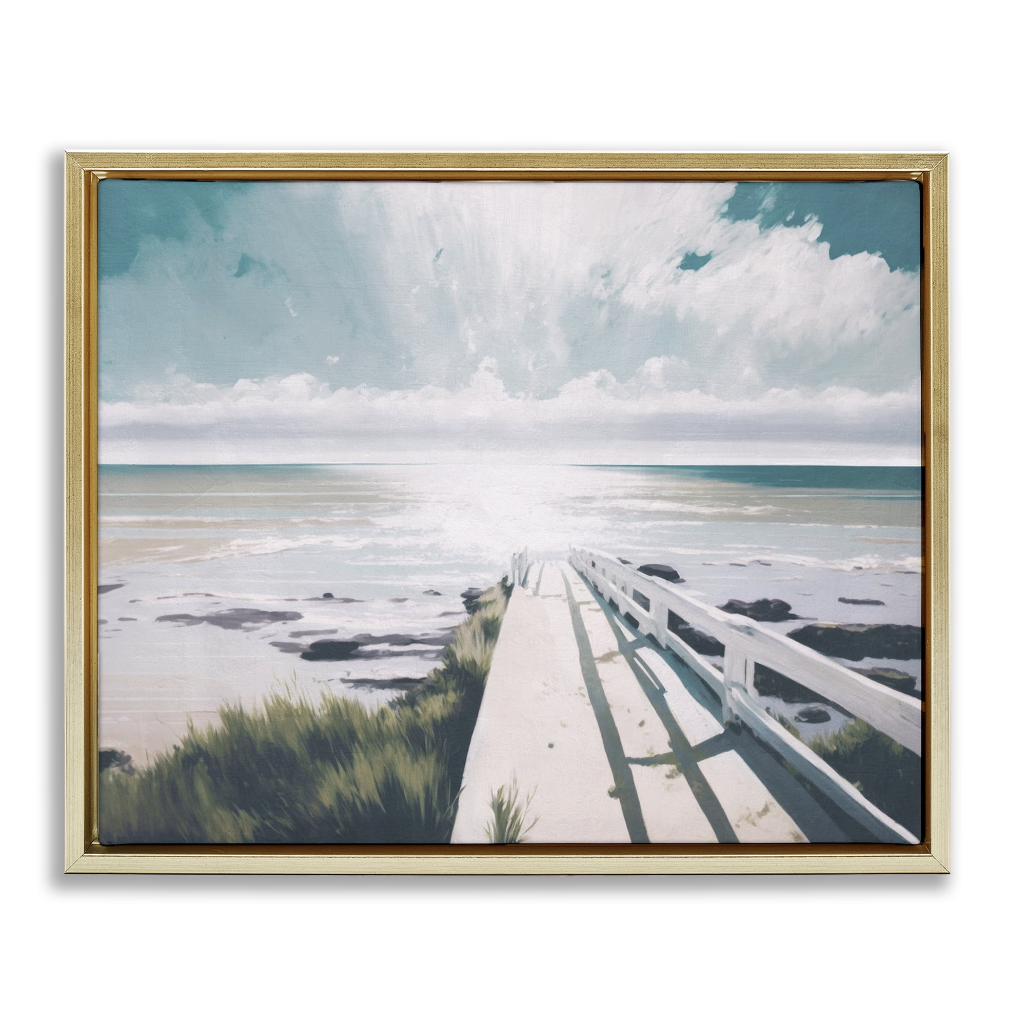 Stupell Industries White Bridge to Shore Nautical & Beach Painting Gold Floater Framed Canvas Art Print Wall Art, 31 x 25