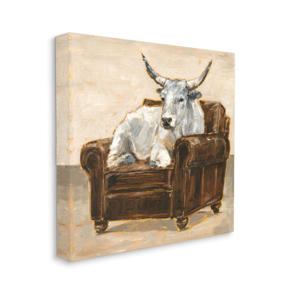 Stupell Industries White Bull Resting in Brown Chair Abstract Painting Canvas Wall Art Design by Ethan Harper, 36" x 36"