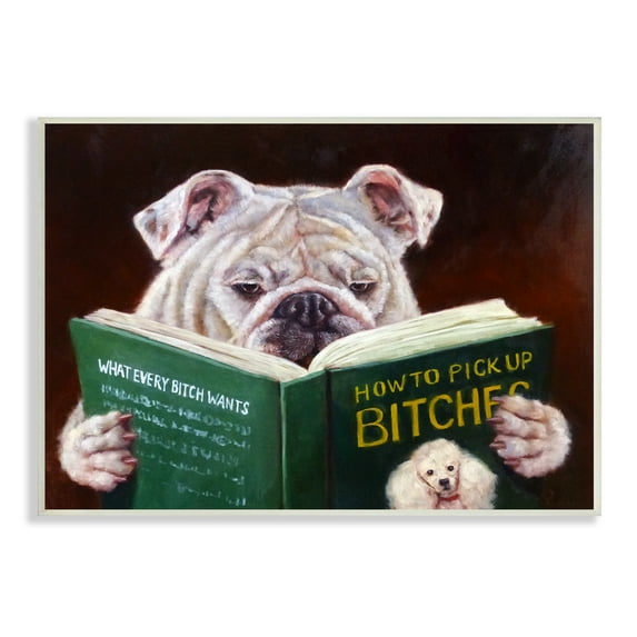 Stupell Industries White Bulldog Funny Humor Reading Book Wood Wall Art, 19 x 13, Design by Lucia Heffernan
