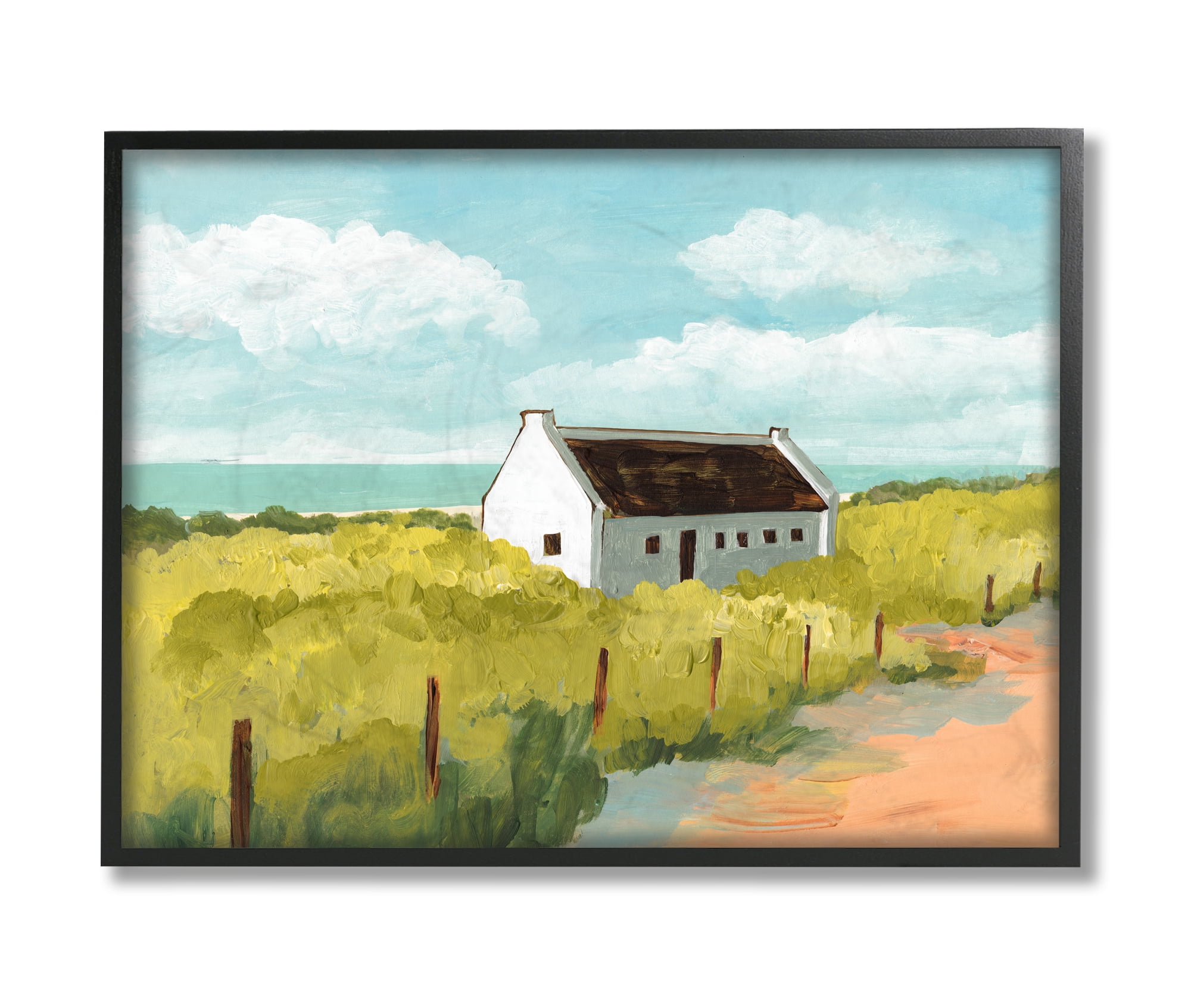 Stupell Industries White Cabin Architecture Grassy Coastal Beach Landscape Black Framed, 16 x 20, Design by Bart E. Slyp