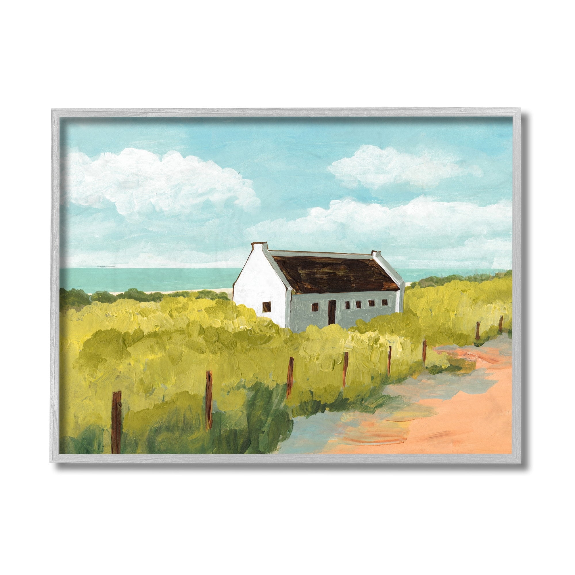 Stupell Industries White Cabin Architecture Grassy Coastal Beach Landscape Grey Framed, 16 x 20, Design by Bart E. Slyp