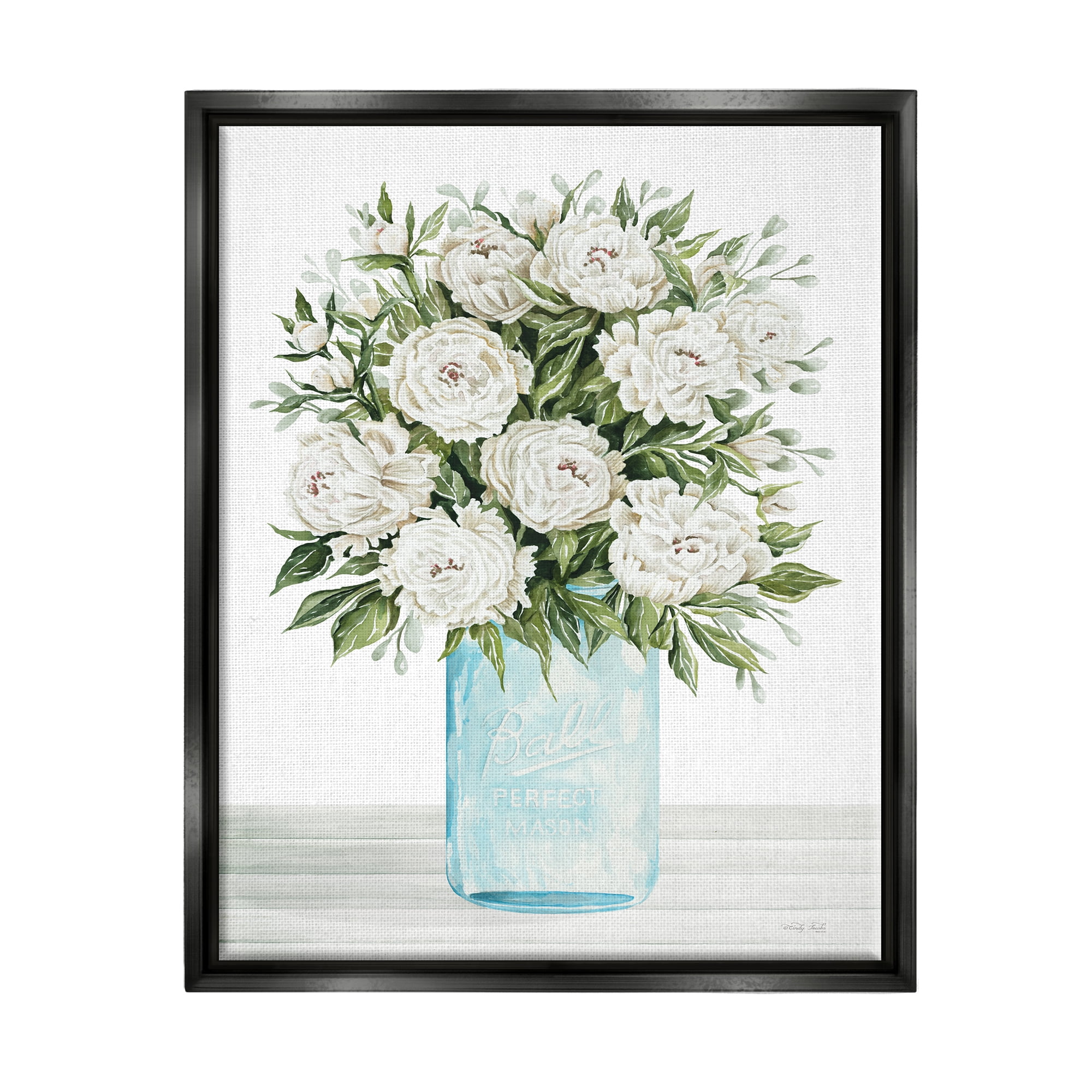 Stupell Industries White Carnations Bouquet Botanical & Floral Painting Black Floater Framed Canvas Art Print Wall Art, 17 x 21