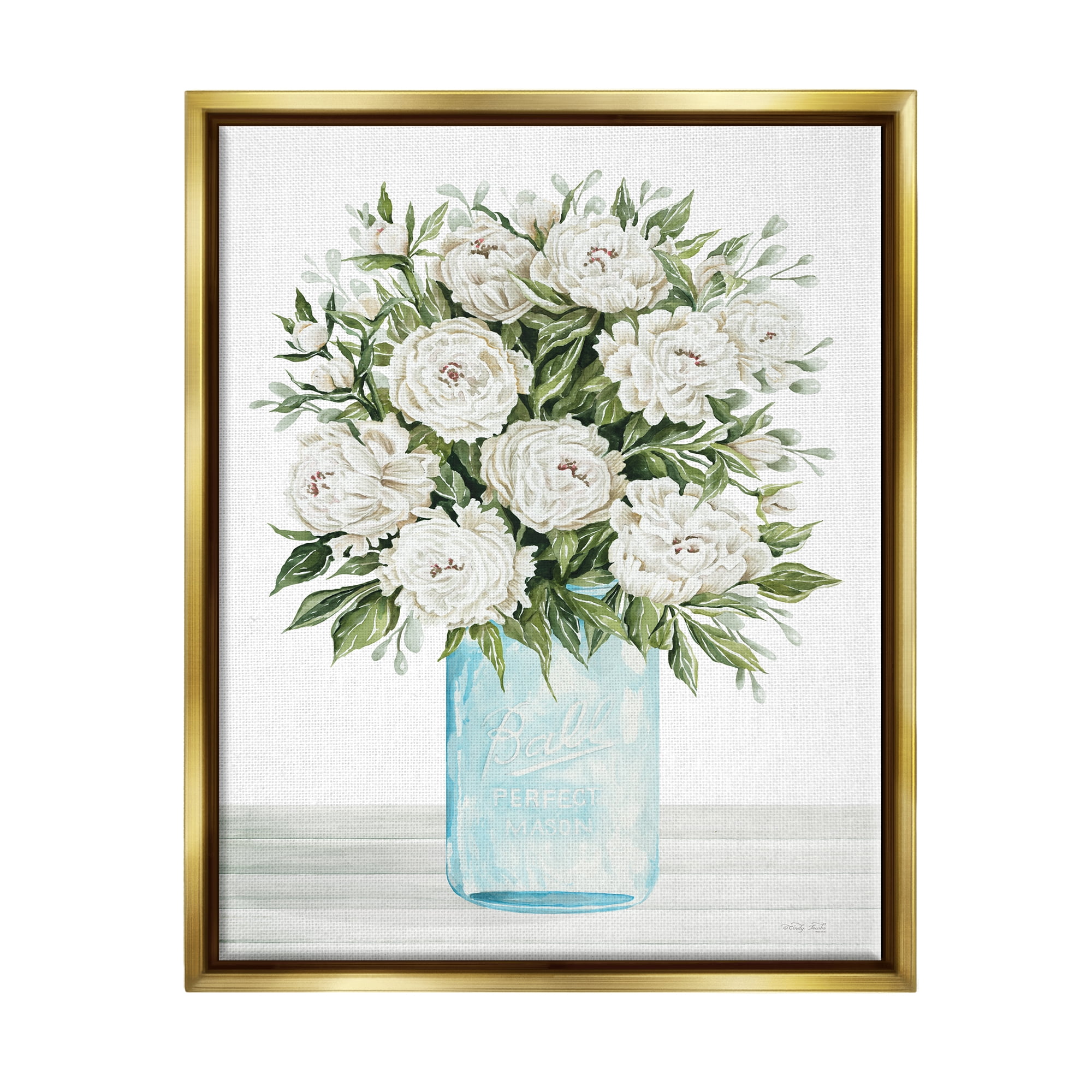 Stupell Industries White Carnations Bouquet Botanical & Floral Painting Gold Floater Framed Canvas Art Print Wall Art, 25 x 31