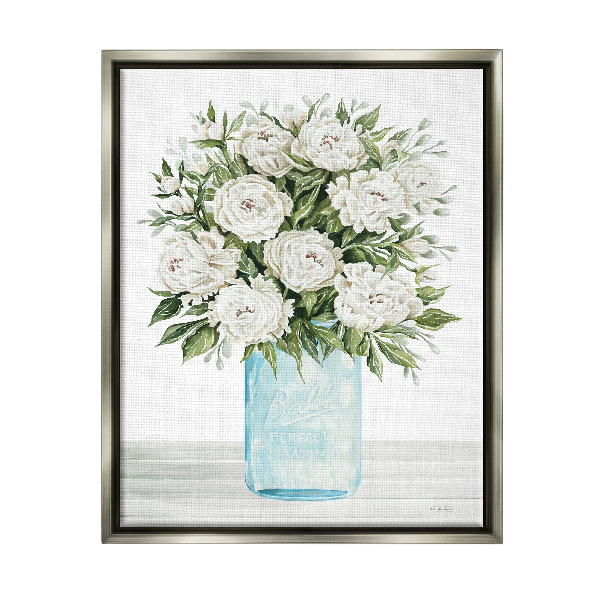 Stupell Industries White Carnations Bouquet Botanical & Floral Painting Gray Floater Framed Canvas Art Print Wall Art, 17 x 21