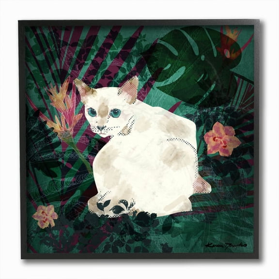 Stupell Industries White Cat Flower Collage White Green Design Graphic Art Black Framed Art Print Wall Art, 12x12, by Karen Dreyfus