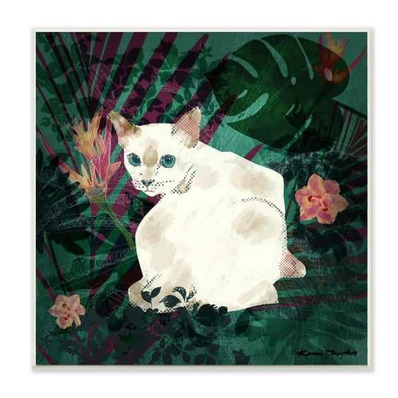 Stupell Industries White Cat Flower Collage White Green Design Wall Plaque by Karen Dreyfus, 12" x 12", Wall Plaque