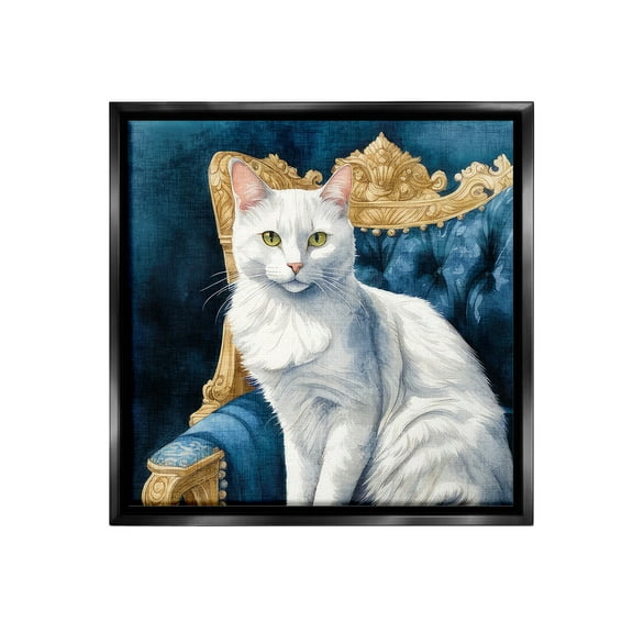 Stupell Industries White Cat & Ornate Chair Animals & Insects Painting Black Floater Framed Canvas Art Print Wall Art, 18 x 18