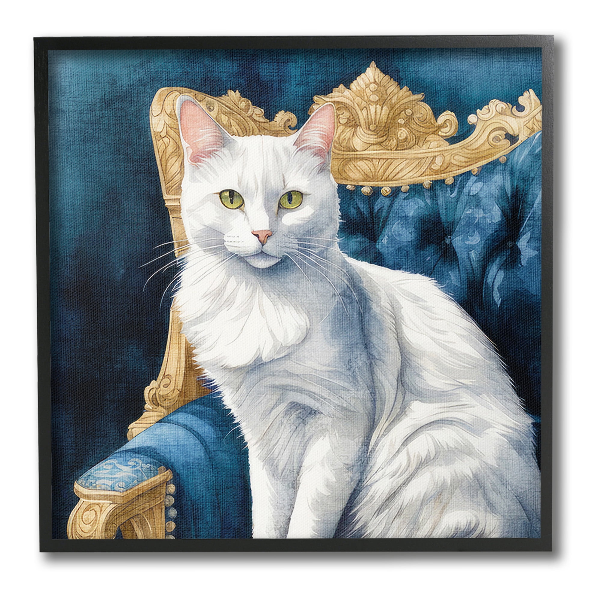 Stupell Industries White Cat & Ornate Chair Animals & Insects Painting Black Framed Art Print Wall Art, 12 x 12