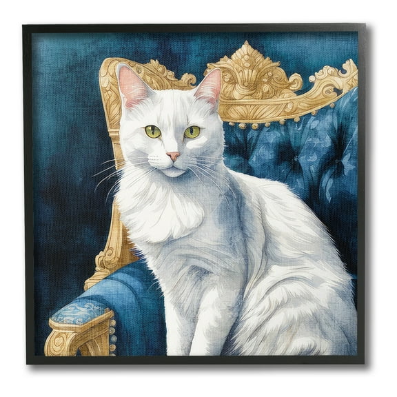 Stupell Industries White Cat & Ornate Chair Animals & Insects Painting Black Framed Art Print Wall Art, 12 x 12