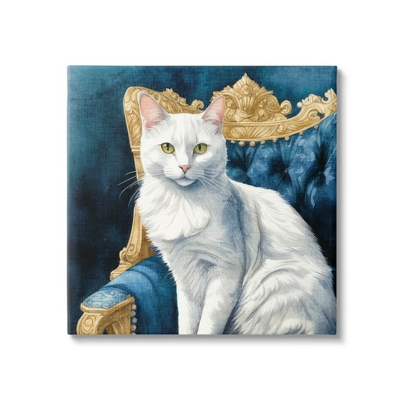 Stupell Industries White Cat & Ornate Chair Animals & Insects Painting Gallery Wrapped Canvas Art Print Wall Art, 17 x 17