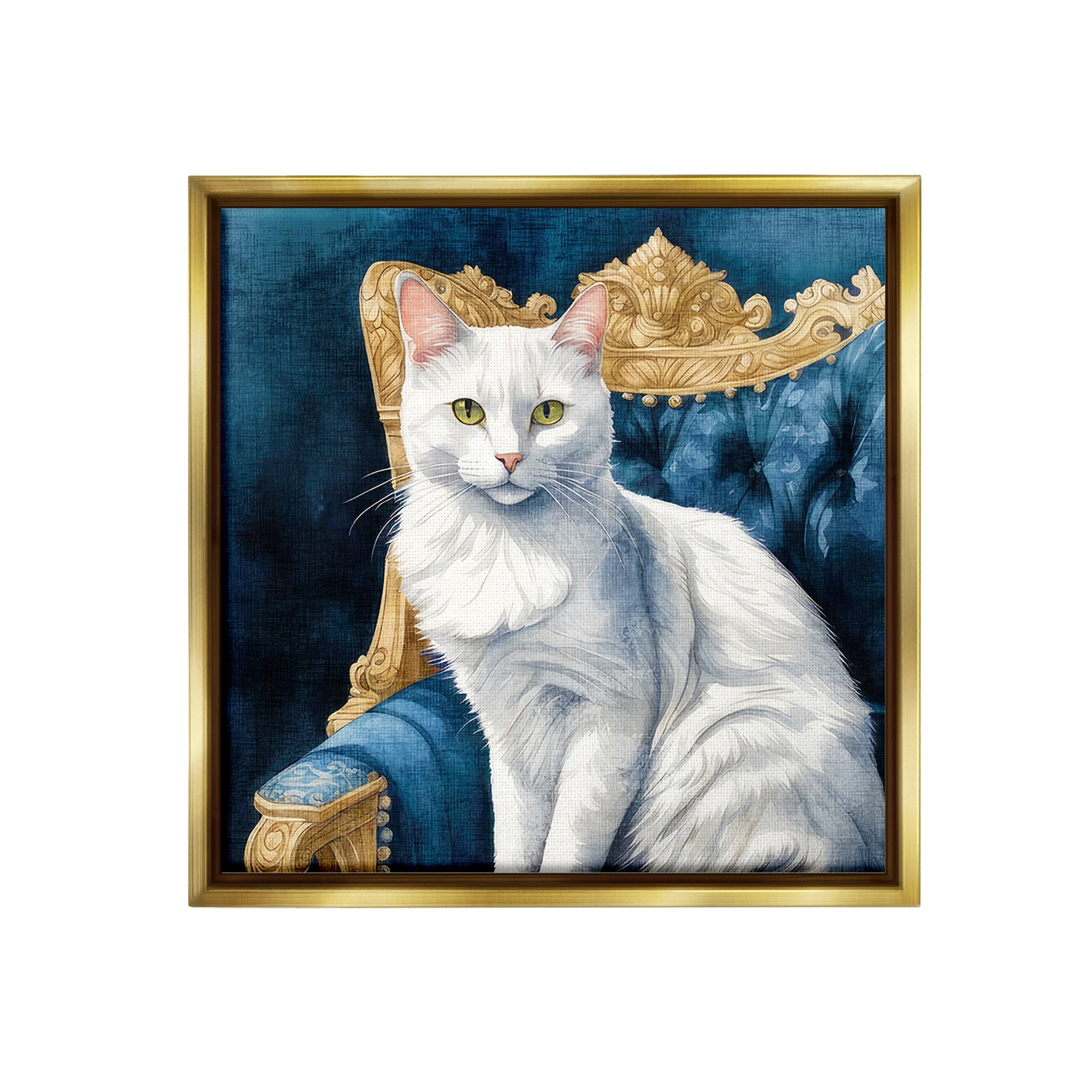 Stupell Industries White Cat & Ornate Chair Animals & Insects Painting Gold Floater Framed Canvas Art Print Wall Art, 25 x 25