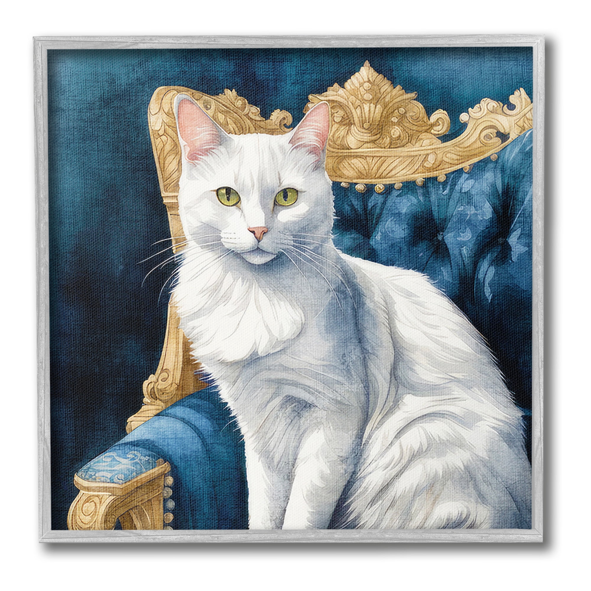 Stupell Industries White Cat & Ornate Chair Animals & Insects Painting Gray Framed Art Print Wall Art, 12 x 12