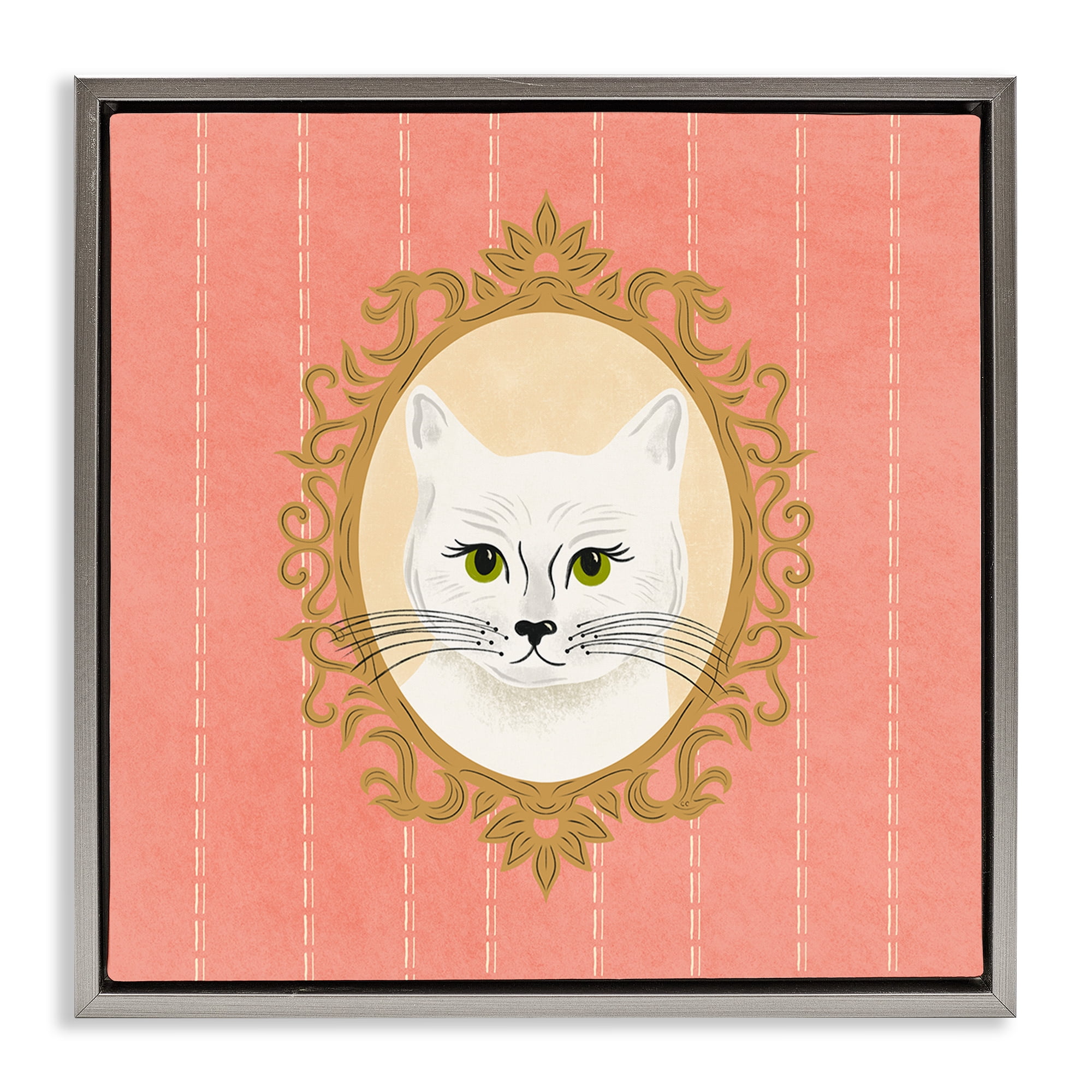 Stupell Industries White Cat Portrait Animals Painting Gray Floater Framed Canvas Art Print Wall Art, 25 x 25
