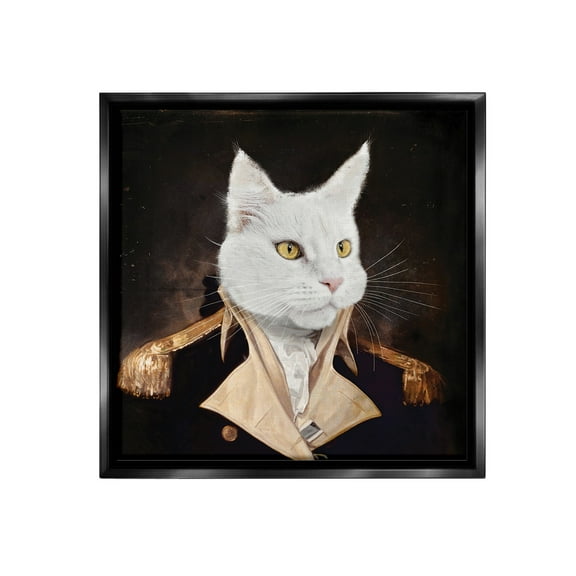 Stupell Industries White Cat in Uniform Animals & Insects Painting Black Floater Framed Canvas Art Print Wall Art, 18 x 18