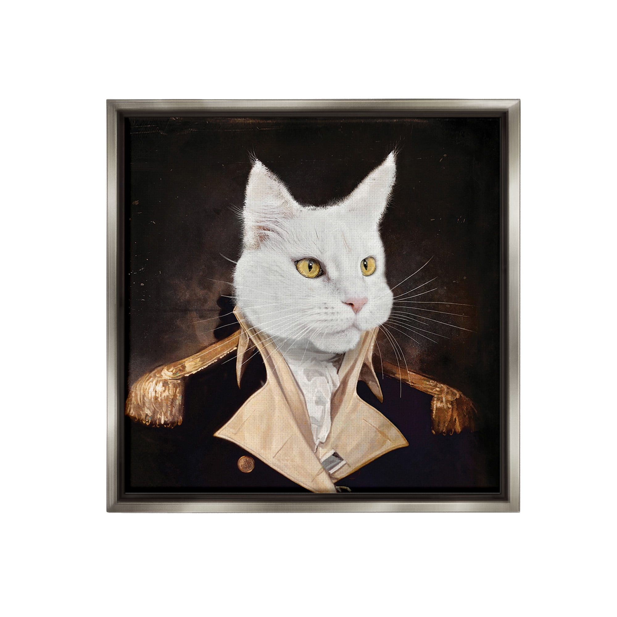 Stupell Industries White Cat in Uniform Animals & Insects Painting Gray Floater Framed Canvas Art Print Wall Art, 18 x 18