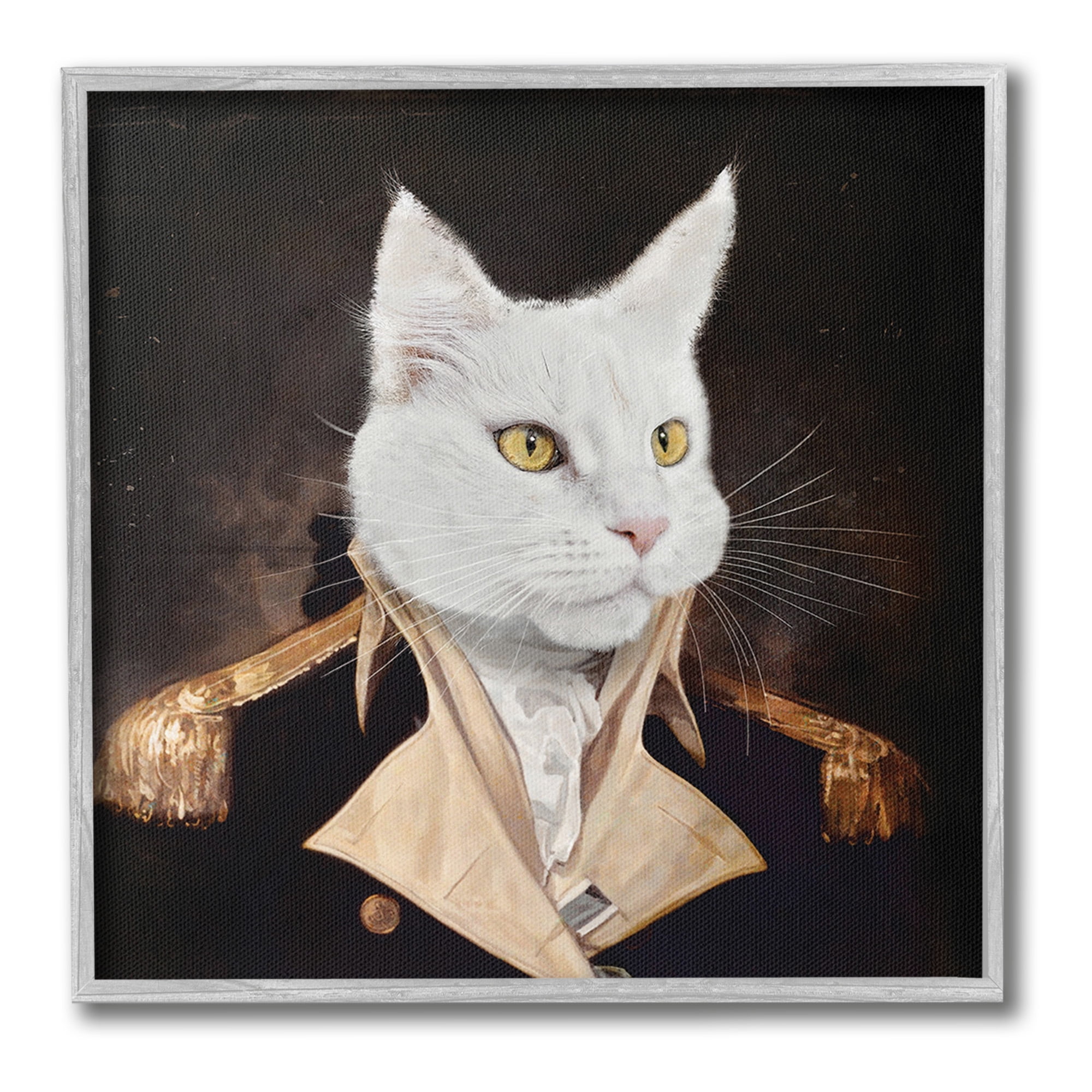 Stupell Industries White Cat in Uniform Animals & Insects Painting Gray Framed Art Print Wall Art, 24 x 24