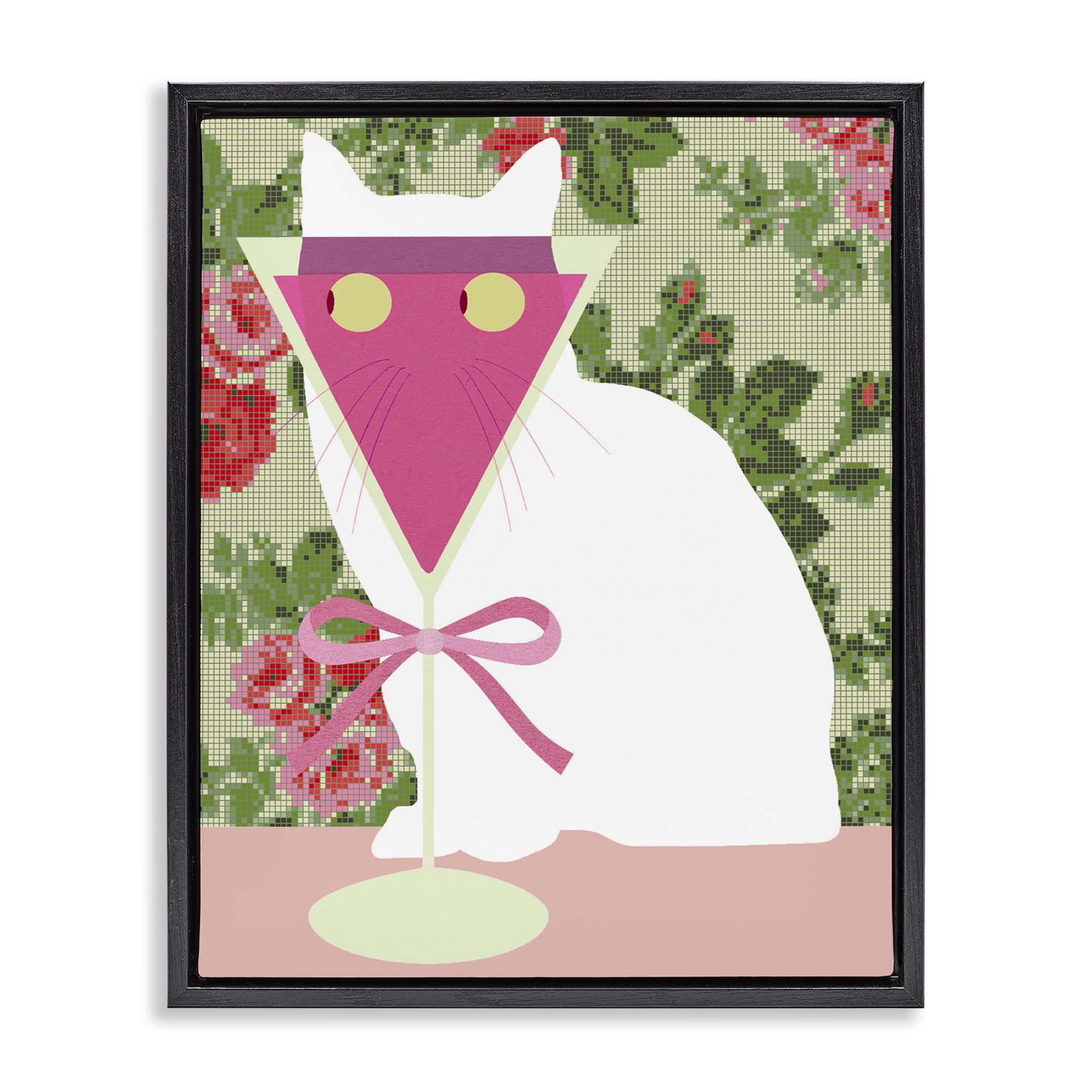 Stupell Industries White Cat with Pink Martini Black Framed Floater Canvas Wall Art, design by Lil' Rue