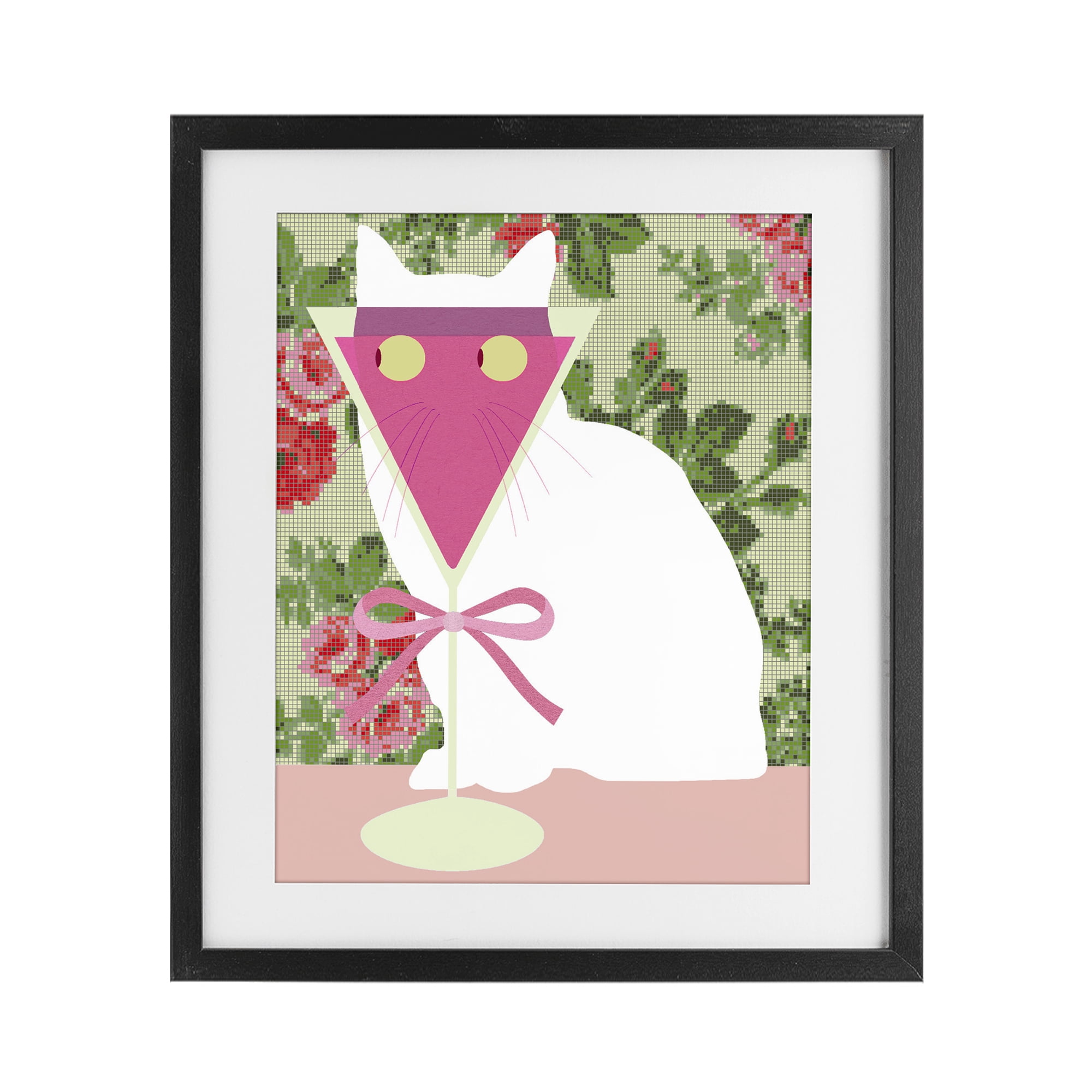 Stupell Industries White Cat with Pink Martini Black Framed Print Under Glass, design by Lil' Rue