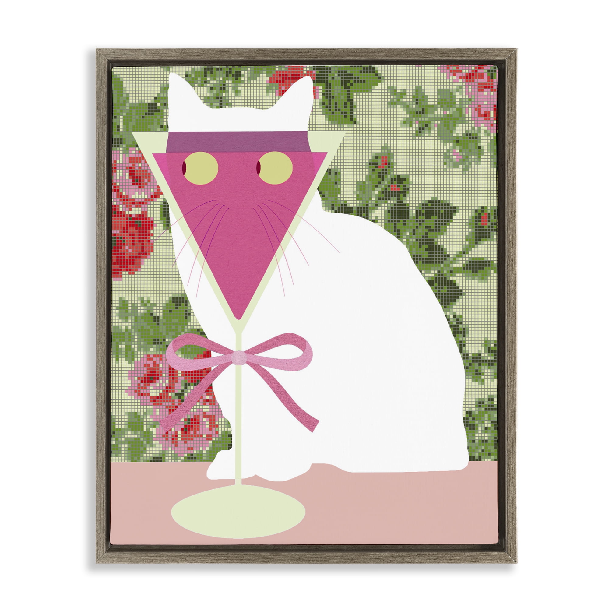 Stupell Industries White Cat with Pink Martini Brown Framed Floater Canvas Wall Art, design by Lil' Rue