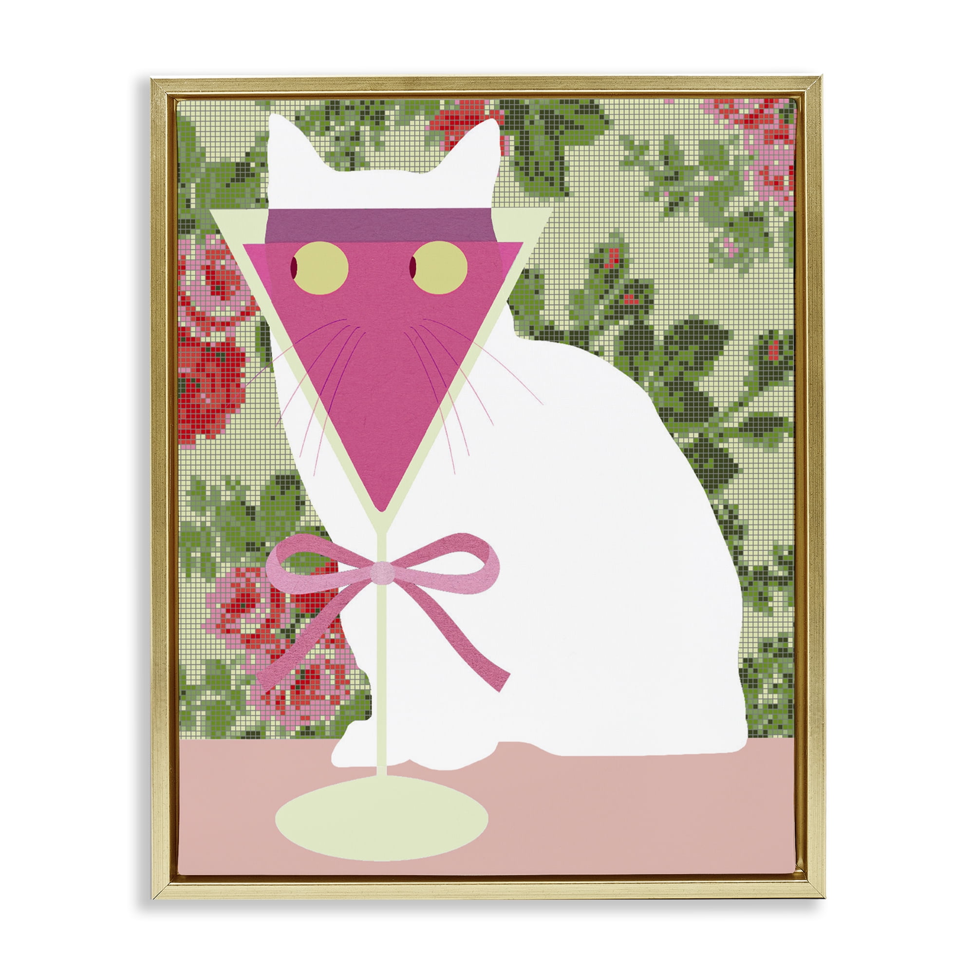 Stupell Industries White Cat with Pink Martini Gold Framed Floater Canvas Wall Art, design by Lil' Rue