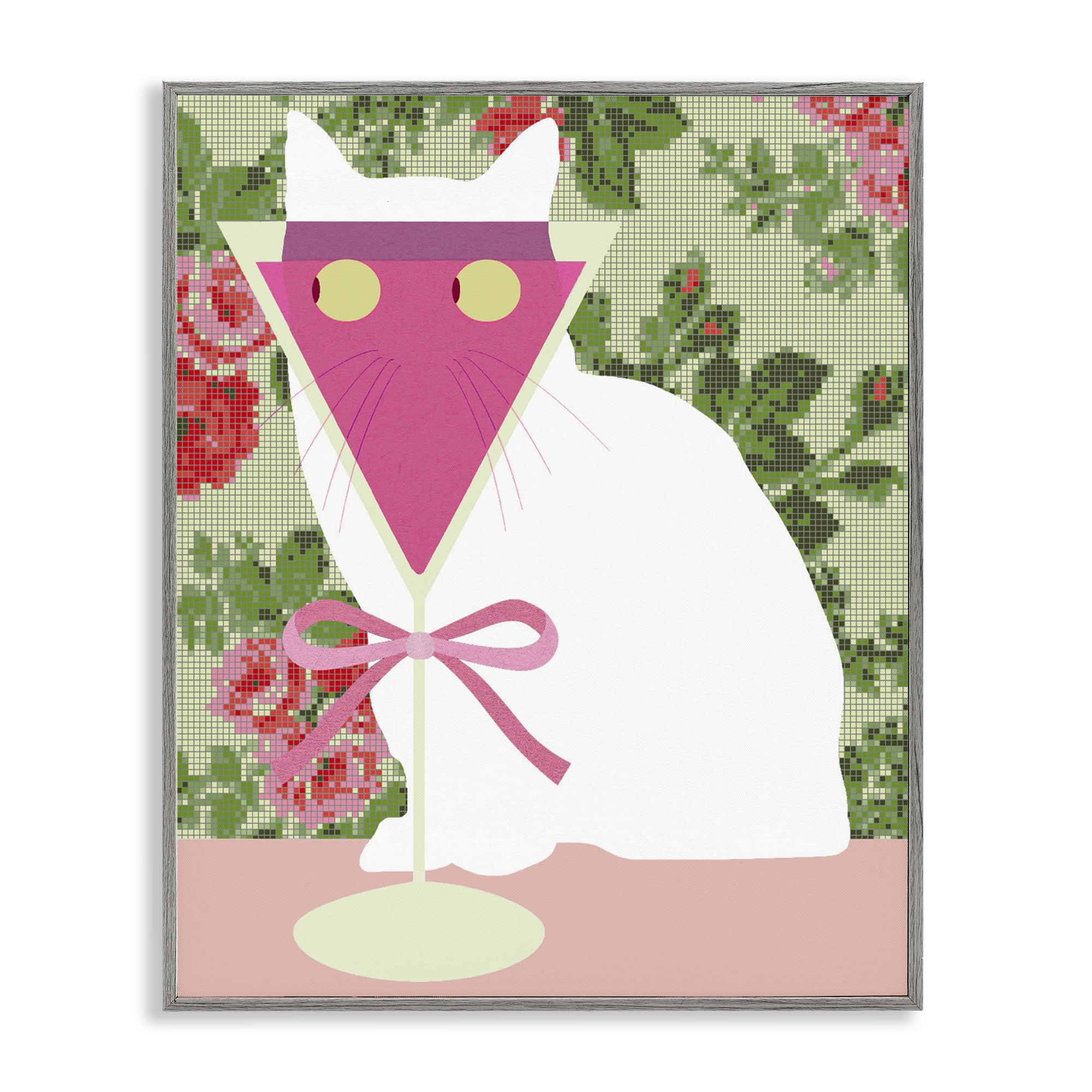 Stupell Industries White Cat with Pink Martini Gray Framed Giclee Art, design by Lil' Rue