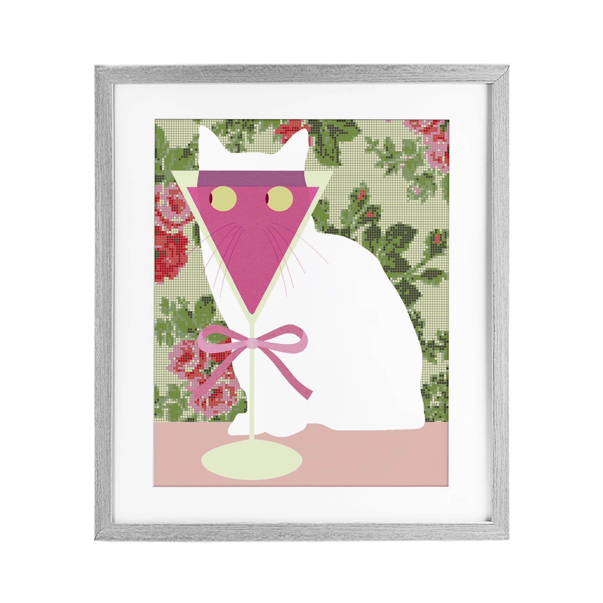 Stupell Industries White Cat with Pink Martini Gray Framed Print Under Glass, design by Lil' Rue