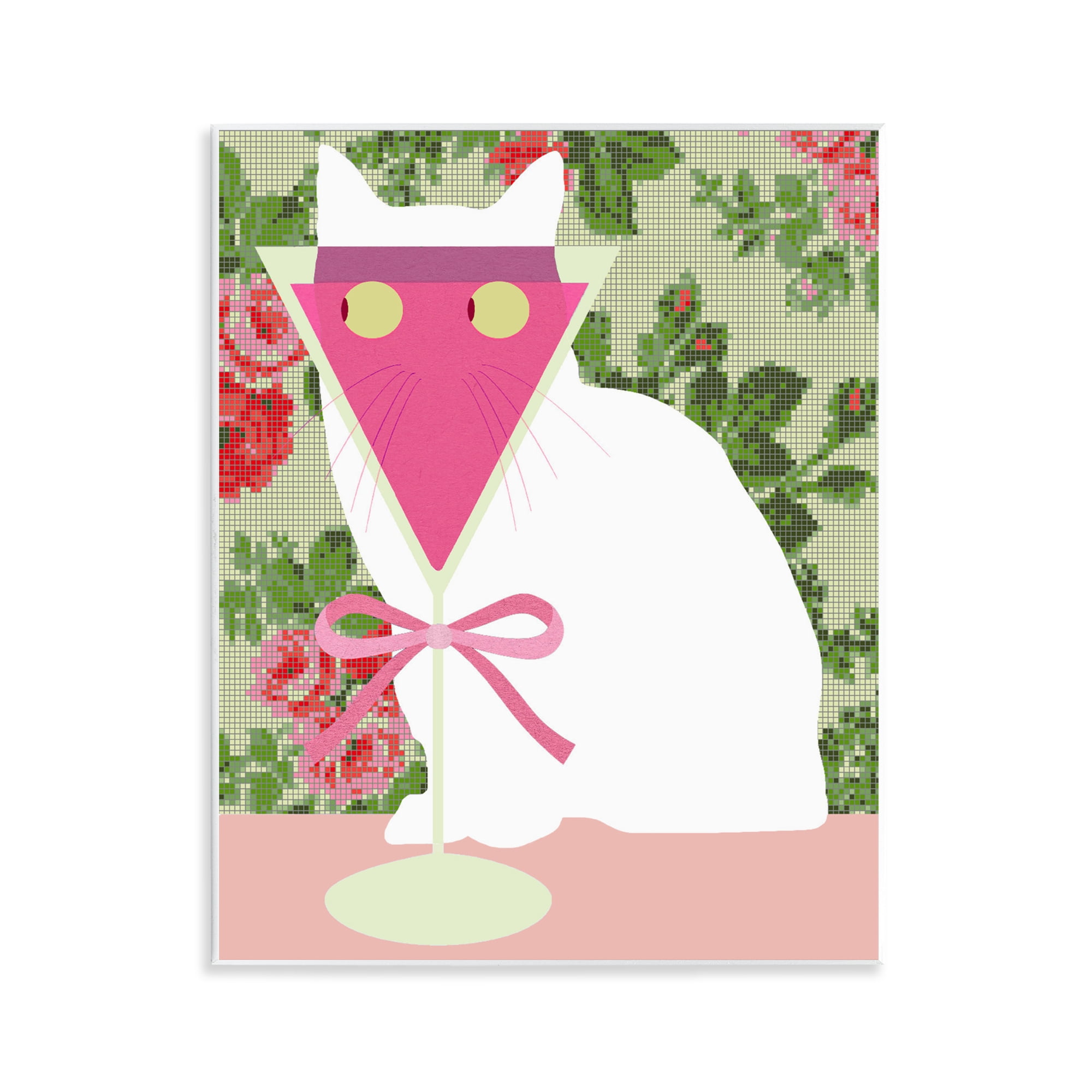 Stupell Industries White Cat with Pink Martini Wall Plaque Art, design by Lil' Rue