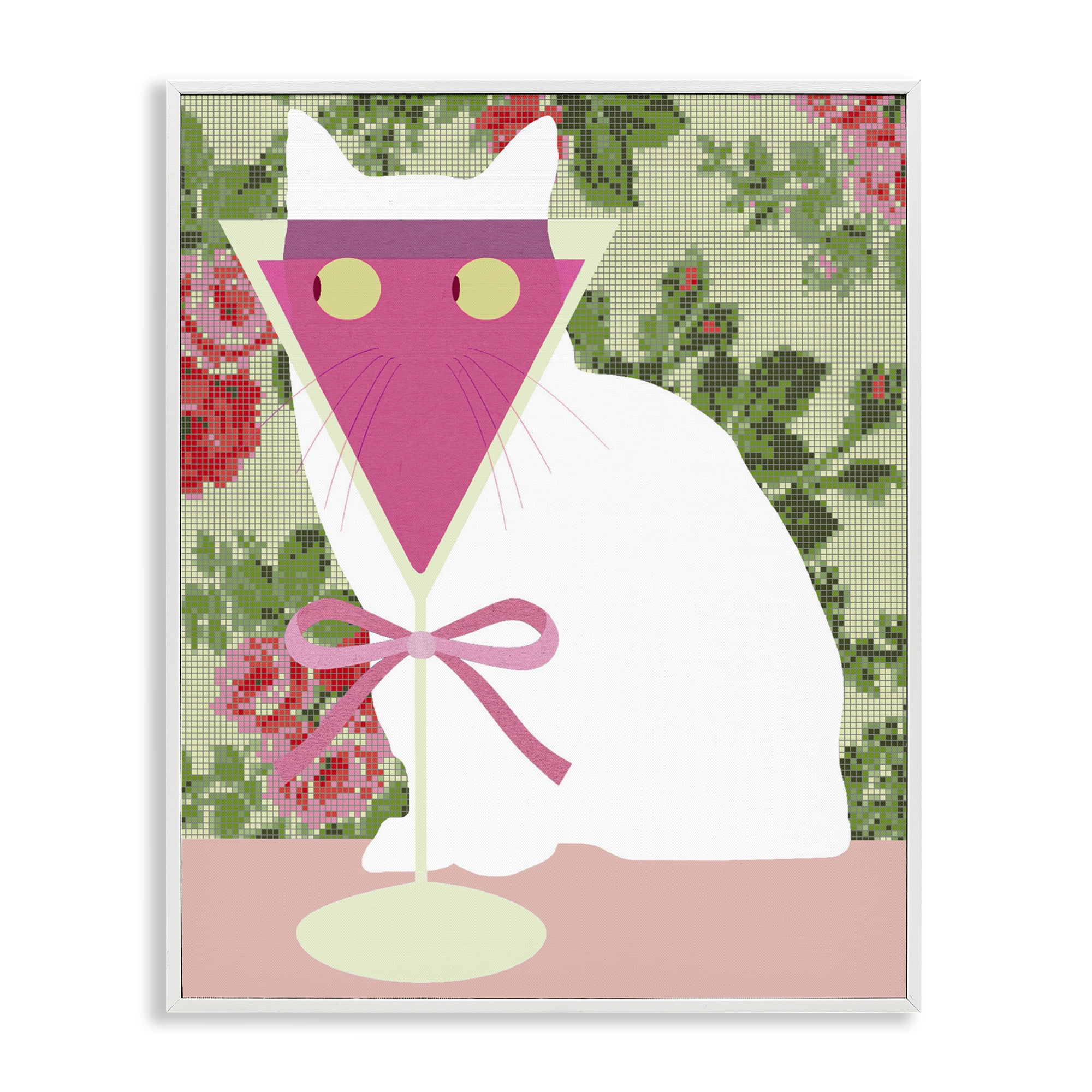 Stupell Industries White Cat with Pink Martini White Framed Giclee Art, design by Lil' Rue