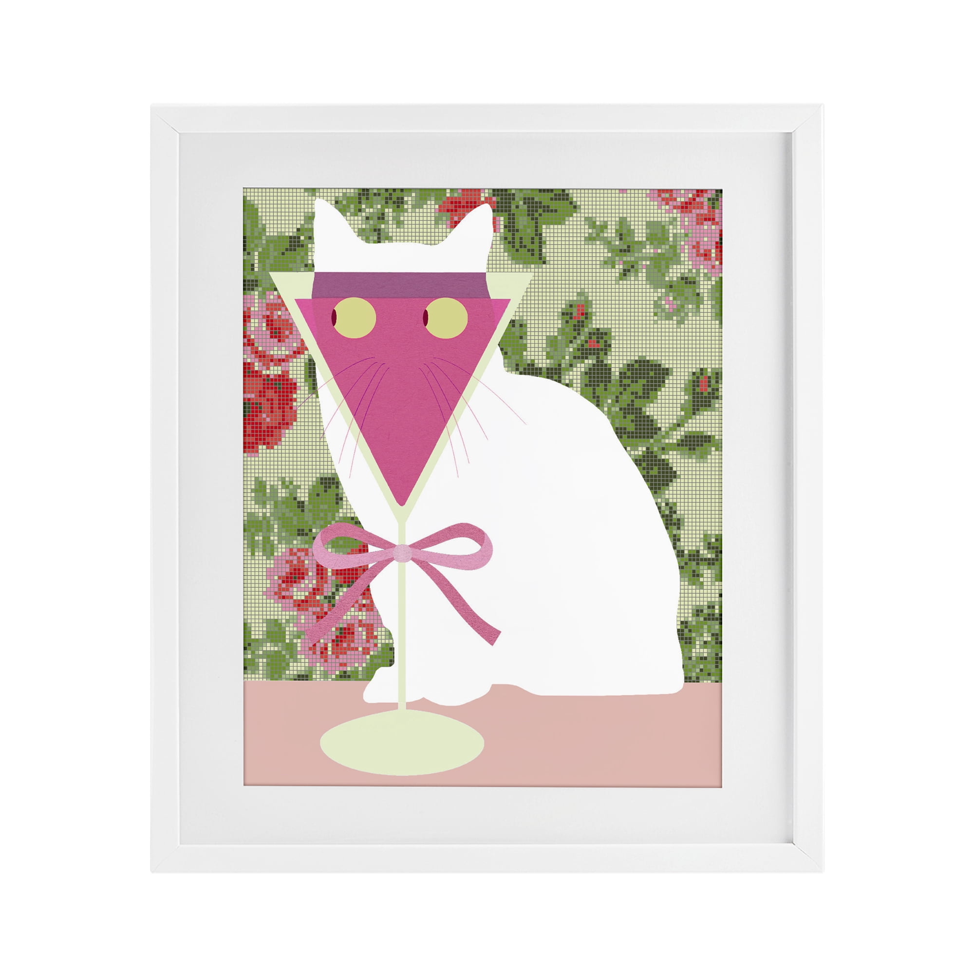 Stupell Industries White Cat with Pink Martini White Framed Print Under Glass, design by Lil' Rue