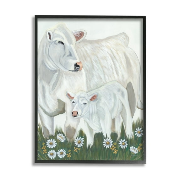 Stupell Industries White Cattle Family Mother Baby Calf Daisy Meadow Painting Black Framed Art Print Wall Art, Design by Ashley Justice