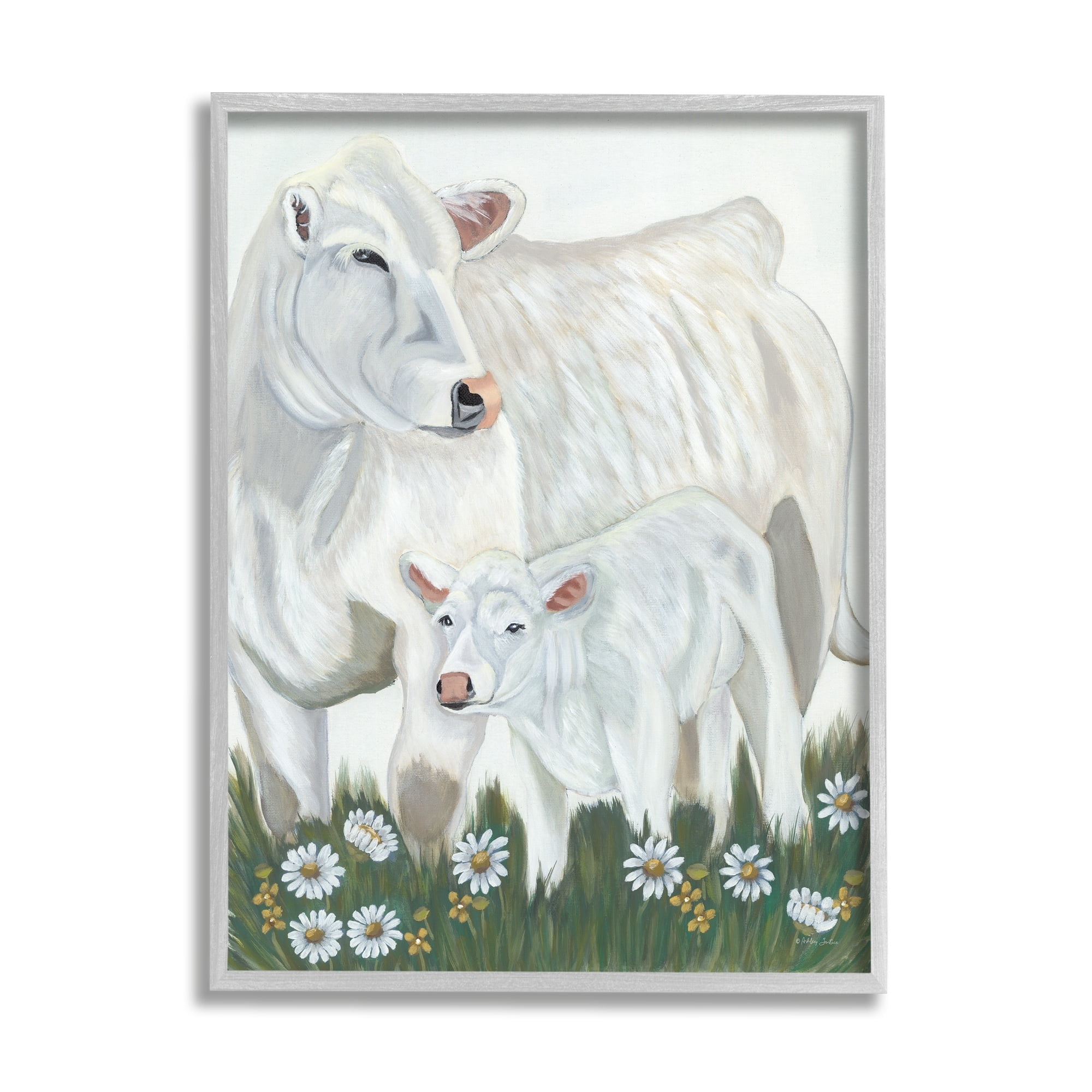Stupell Industries White Cattle Family Mother Baby Calf Daisy Meadow Painting Gray Framed Art Print Wall Art, Design by Ashley Justice
