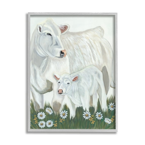 Stupell Industries White Cattle Family Mother Baby Calf Daisy Meadow Painting Gray Framed Art Print Wall Art, Design by Ashley Justice