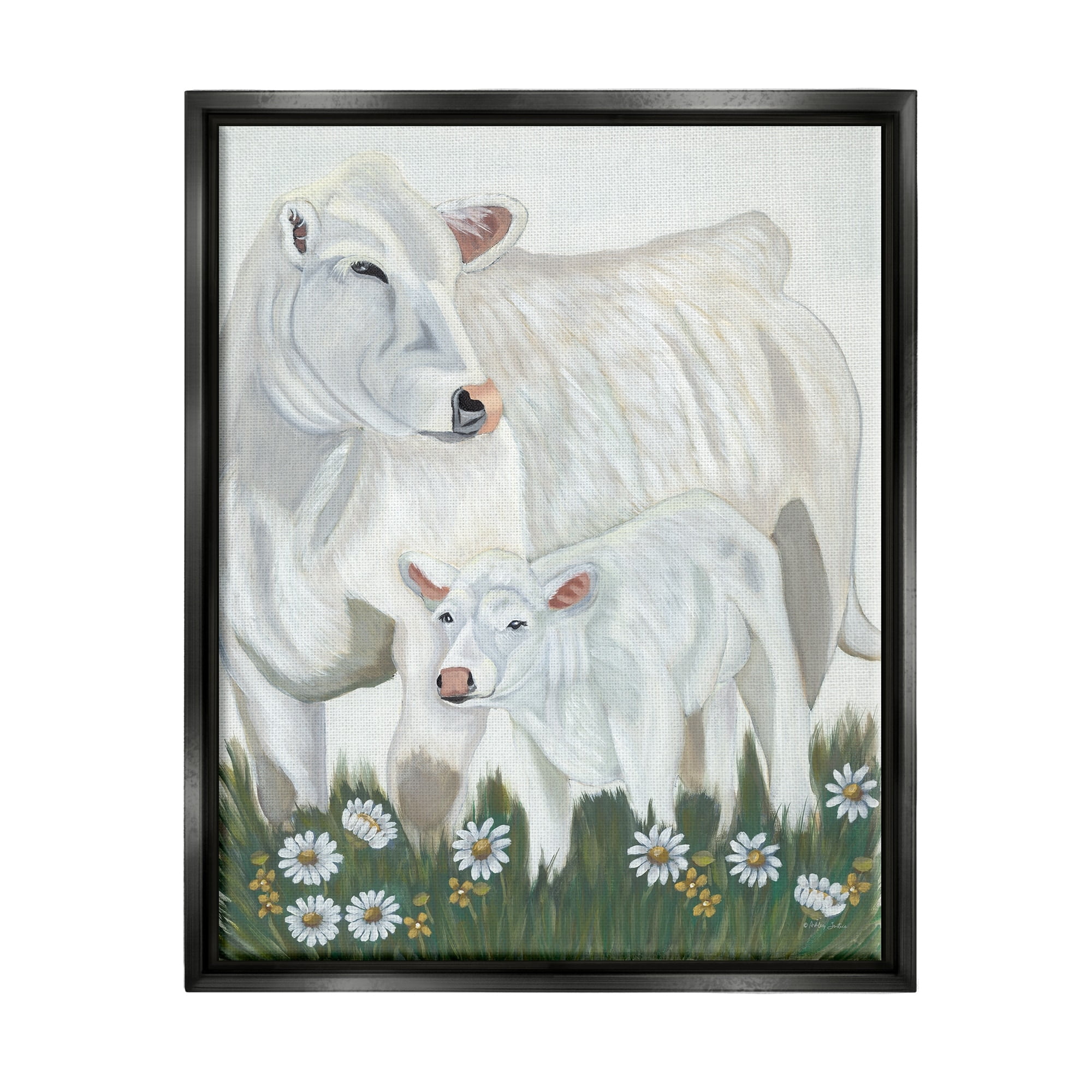 Stupell Industries White Cattle Family Mother Baby Calf Daisy Meadow Painting Jet Black Floating Framed Canvas Print Wall Art, Design by Ashley Justice
