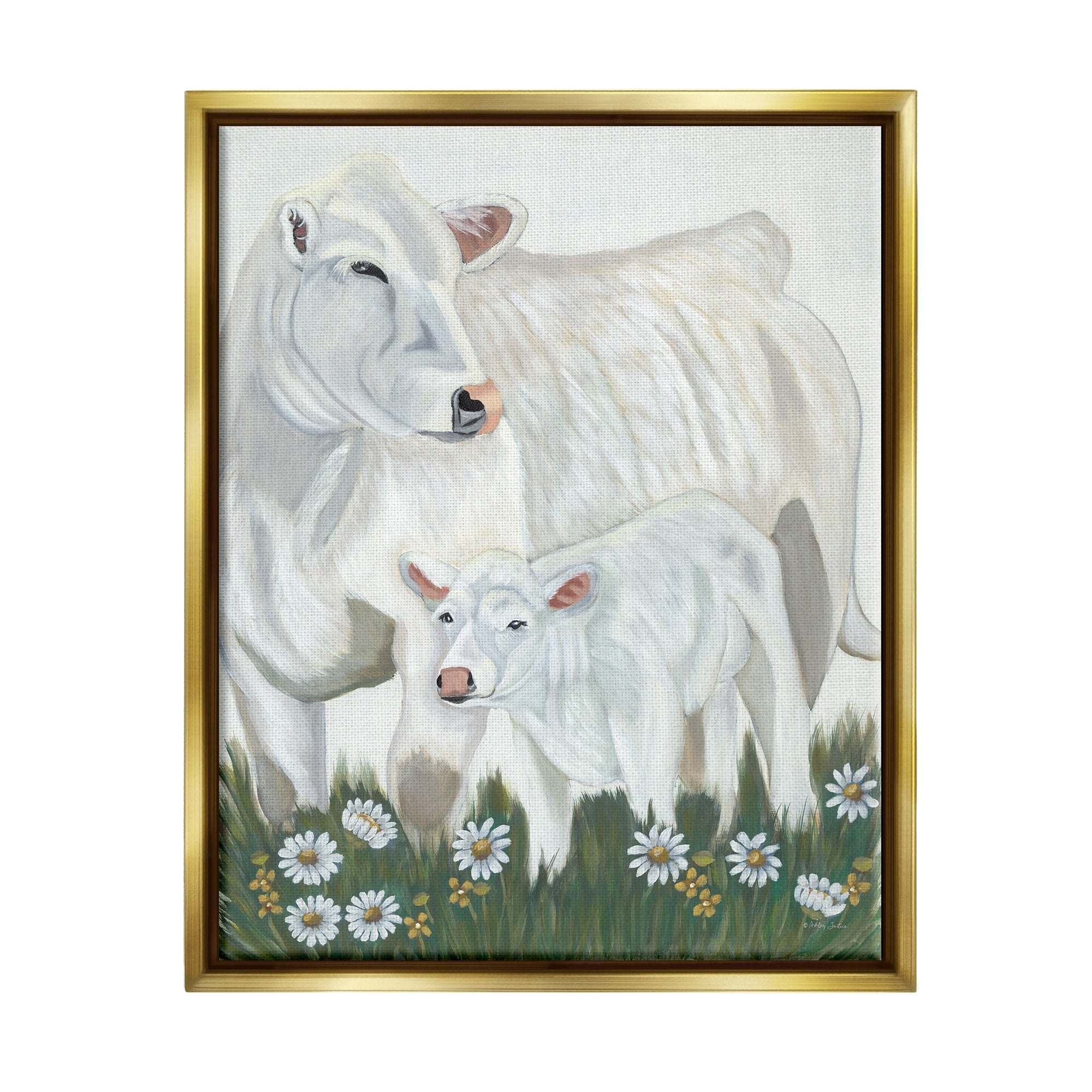 Stupell Industries White Cattle Family Mother Baby Calf Daisy Meadow Painting Metallic Gold Floating Framed Canvas Print Wall Art, Design by Ashley Justice