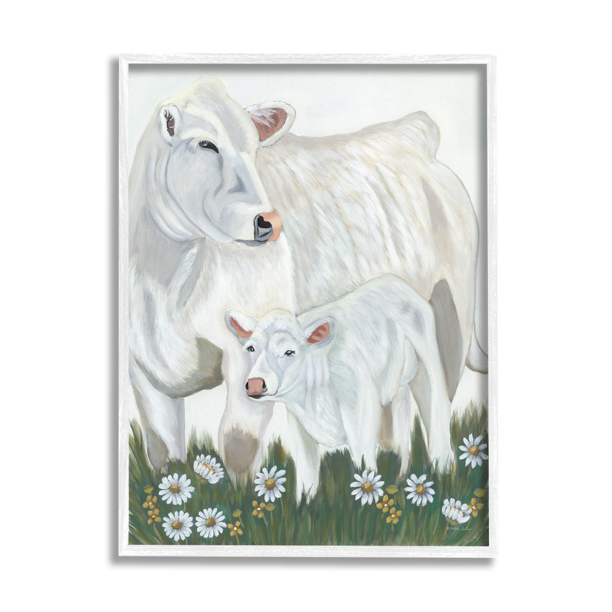 Stupell Industries White Cattle Family Mother Baby Calf Daisy Meadow Painting White Framed Art Print Wall Art, Design by Ashley Justice