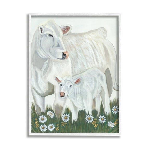 Stupell Industries White Cattle Family Mother Baby Calf Daisy Meadow Painting White Framed Art Print Wall Art, Design by Ashley Justice