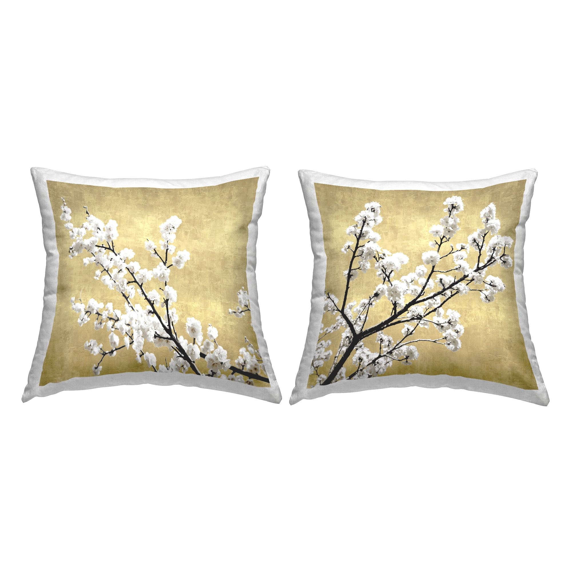 White and Tan Cherry Blossom Decorative Throw Pillows Set