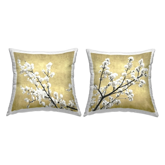 Stupell Industries White Cherry Blossom Branches Neutral Tan Glam Brown, 18 x 7 x 18, Decorative Pillows, (Set of 2)