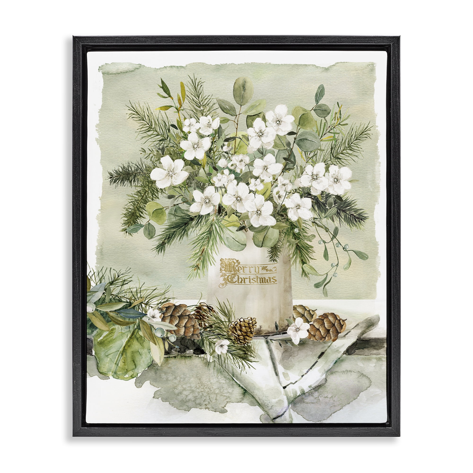 Stupell Industries White Christmas Flowers Vase Holiday Painting Black Floater Framed Canvas Art Prints Wall Art, 25 x 31