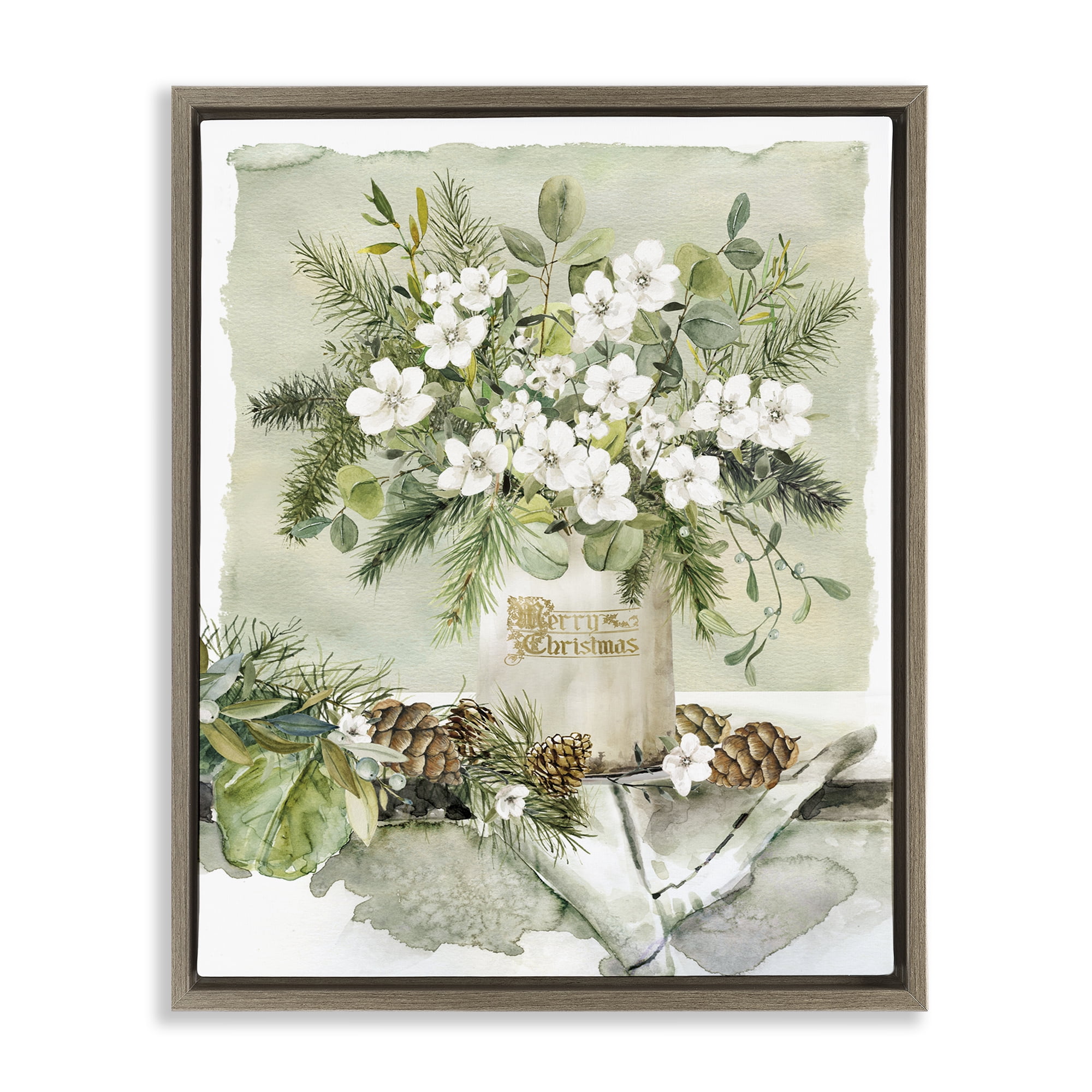 Stupell Industries White Christmas Flowers Vase Holiday Painting Brown Floater Framed Canvas Art Prints Wall Art, 25 x 31
