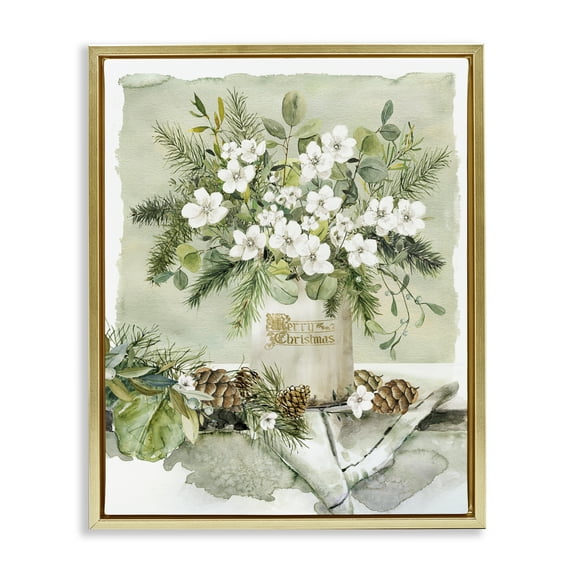 Stupell Industries White Christmas Flowers Vase Holiday Painting Gold Floater Framed Canvas Art Prints Wall Art, 17 x 21