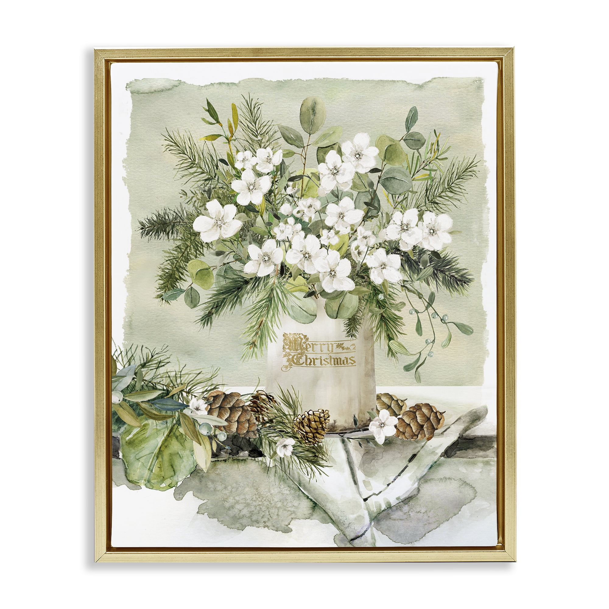 Stupell Industries White Christmas Flowers Vase Holiday Painting Gold Floater Framed Canvas Art Prints Wall Art, 25 x 31