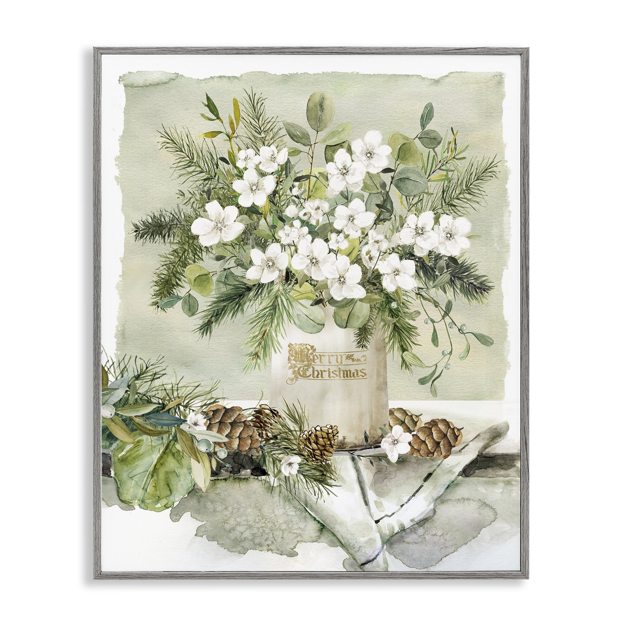 Stupell Industries White Christmas Flowers Vase Holiday Painting Gray Framed Art Prints Wall Art, 16 x 20